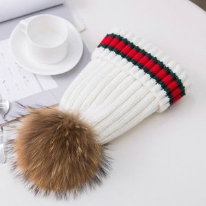 100% High Quality raccoon fur thick warm  knitted adult winter skull cap hat